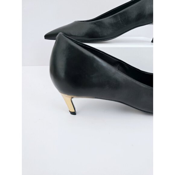 Schutz Lou Mid Curve Black Gold Kitten Heel Pointed Toe Leather Pump Shoes 7.5 - Picture 3 of 12